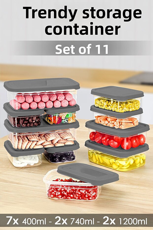 Set of 11 Gray Food Storage Containers - Microwavable Organizer