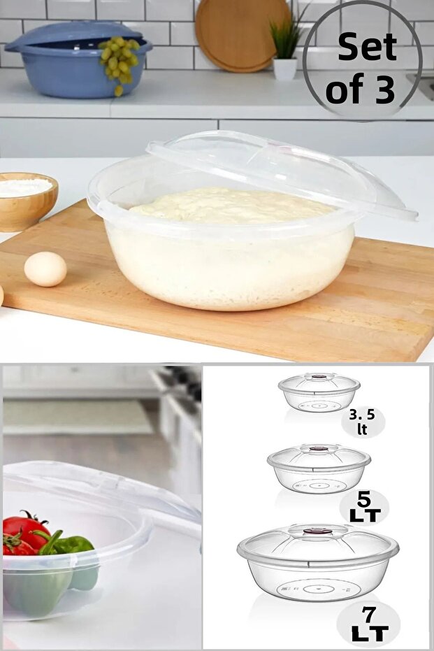 Mrd230 طقم حوض عجين شفاف 3 قطع مع غطاء طقم بلاستيك 3.5 - 5 و 7 لتر