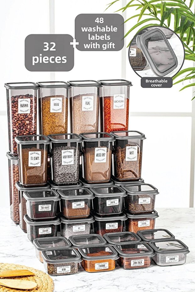 32-Piece Labeled Lidded Square Food Storage Container Set 8x(0.3 L-0.5 L-1.1 L-1.7 L) Spice Jar