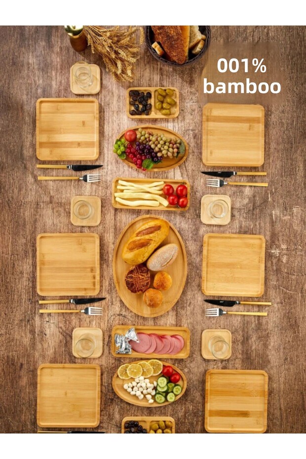 Bamboo 19 Piece Nature Series Breakfast Set for 6 People, Breakfast Set, Presentation Serving Set Cake Plate