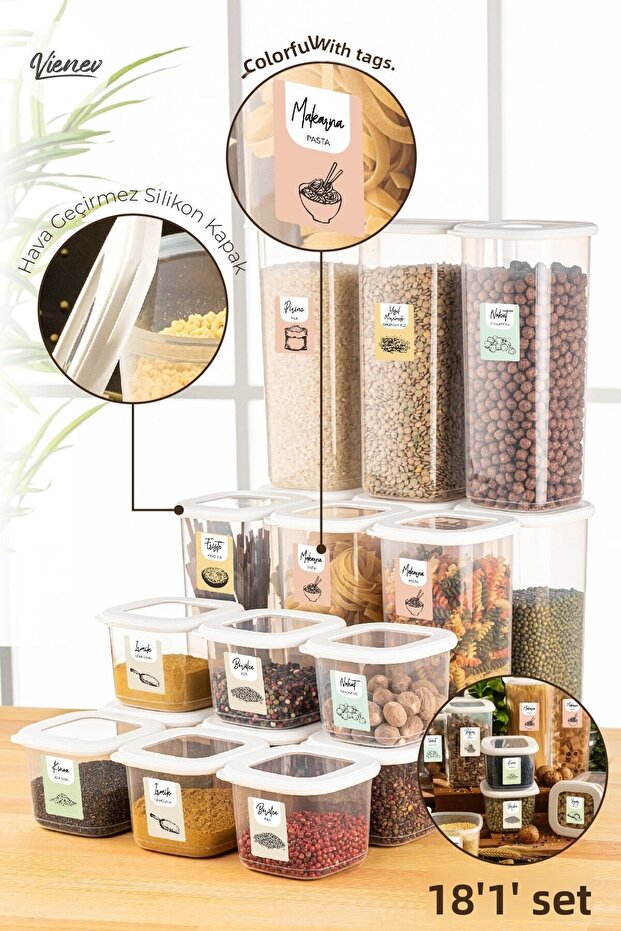 18 Pieces Foy Square Food Storage Container with Colorful Label 9x (0.55 Liters, 1.75 Liters) White