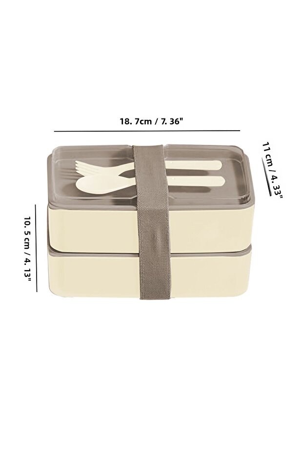 2-Layer Adjustable Rectangular Lunch Box - Food Storage Box with Fork and Spoon Serving Beige - 8