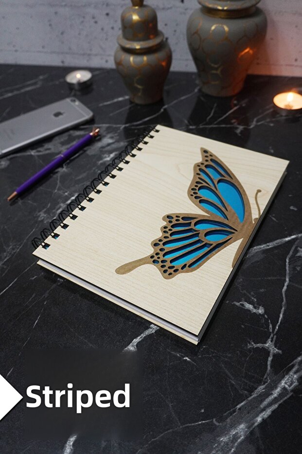 Butterfly Themed Wooden Cover Notebook - Lined Notebook - Agenda - School Notebook (A5 - 120 Pages)