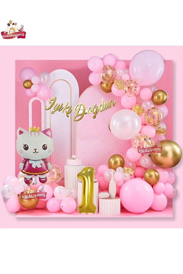 Crowned Cat 1 Year Old Gold Pink Concept Birthday Party Set with Foil Balloons