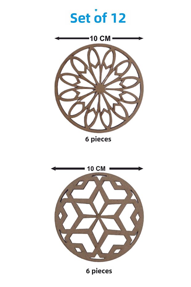 Set of 12 Two Kinds of Patterned Round Coasters - 10X10 cm Raw Mdf