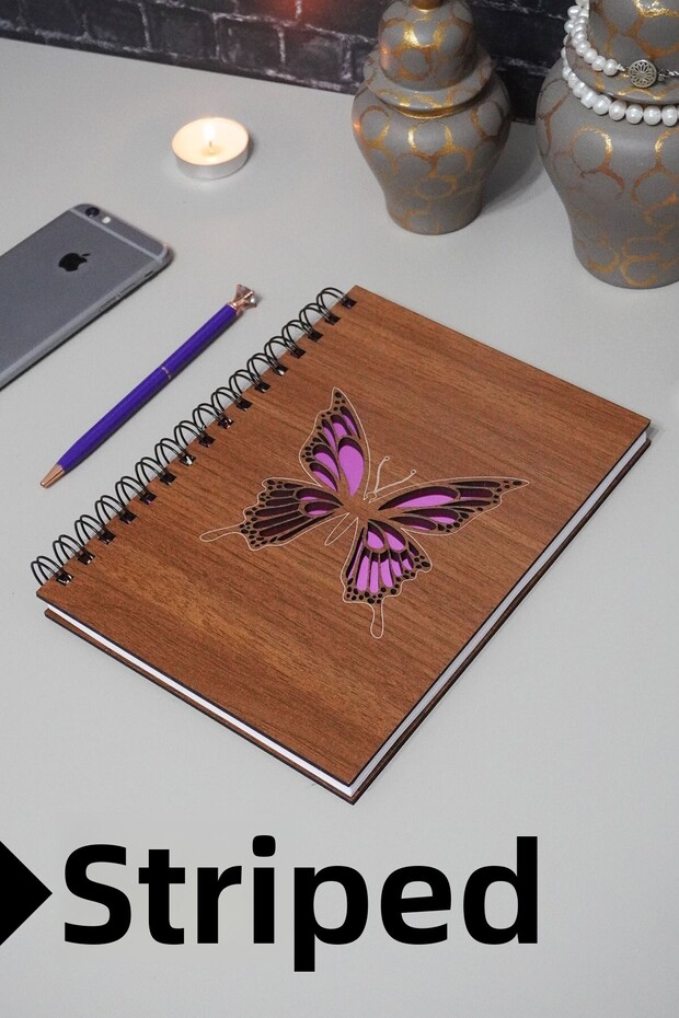 Butterfly Themed Wooden Cover Notebook - Lined Notebook - Agenda - School Notebook (A5 - 120 Pages)