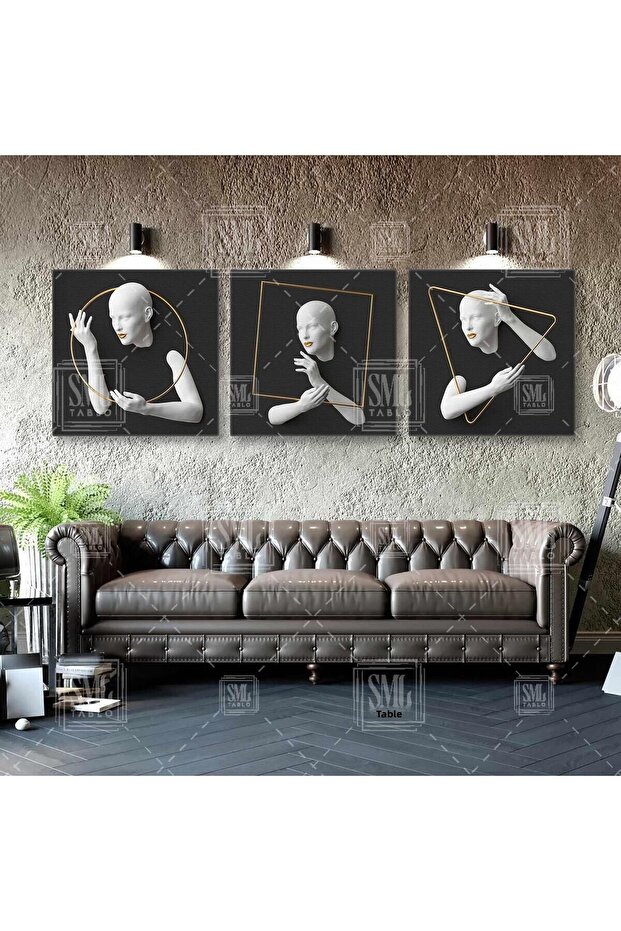 Golden Triangle Frame Anthracite Background Decorative Triple Combination Set of 3 Canvas Painting - 1