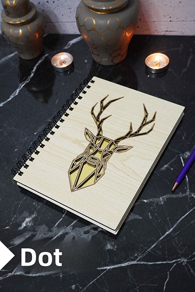 Deer Themed Wooden Cover Notebook - Dotted Notebook - Agenda - School Notebook (A5 - 120 Pages)