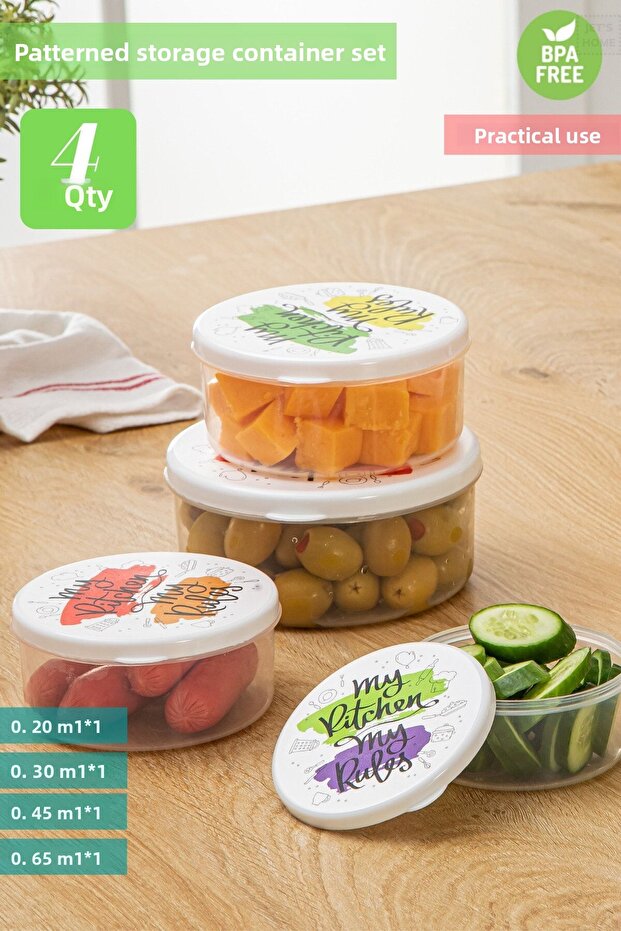 4-Piece Patterned Round Storage Container Bpa Free 0.20 / 0.30 / 0.45 / 0.65 Ml - 2