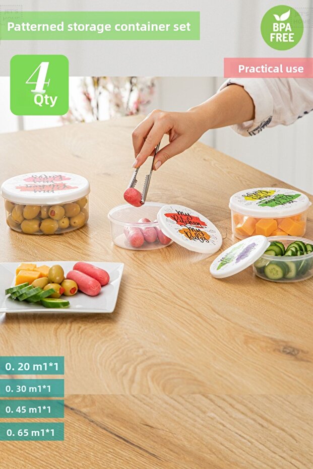 4-Piece Patterned Round Storage Container Bpa Free 0.20 / 0.30 / 0.45 / 0.65 Ml - 3
