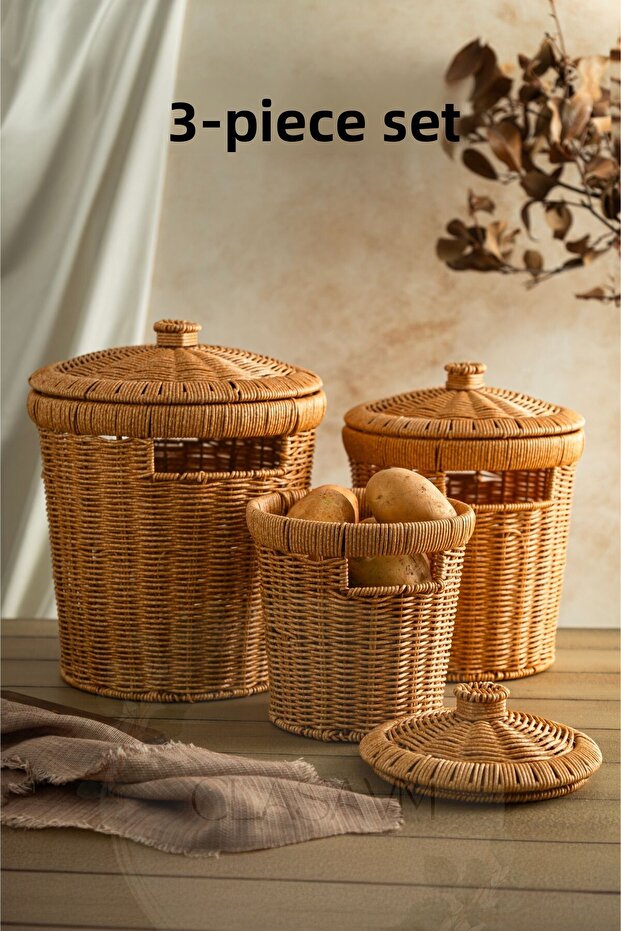 Set of 3 Potato Onion Baskets with Lid – Rattan Look Kitchen Organizer 3 Sizes Presentation Crisper - 1