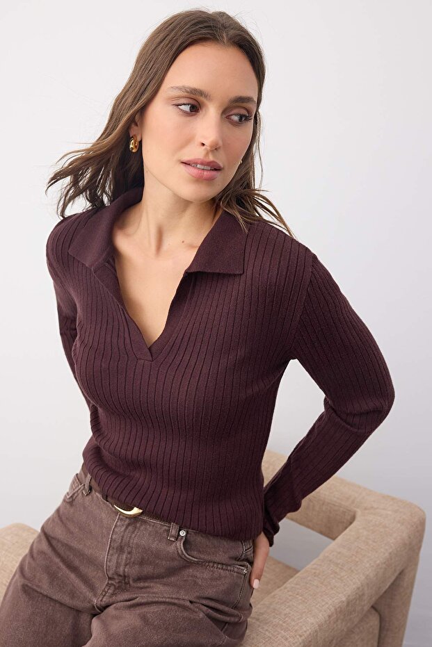Wardrobe Essentials Kahverengi Premium İplikPolo Yaka Fitilli Triko Kazak | TWOAW26KZ00077 - 1