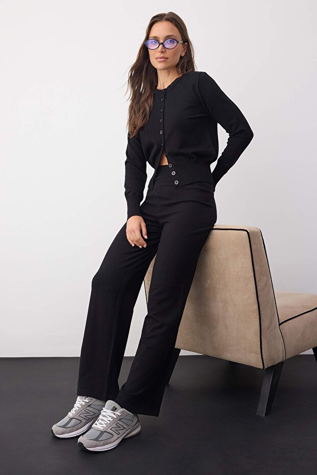 Wardrobe Essentials Siyah Merserize Görünümlü Triko Hırka-Pantolon Alt-Üst Takım | TWOAW26AU00003 - 2