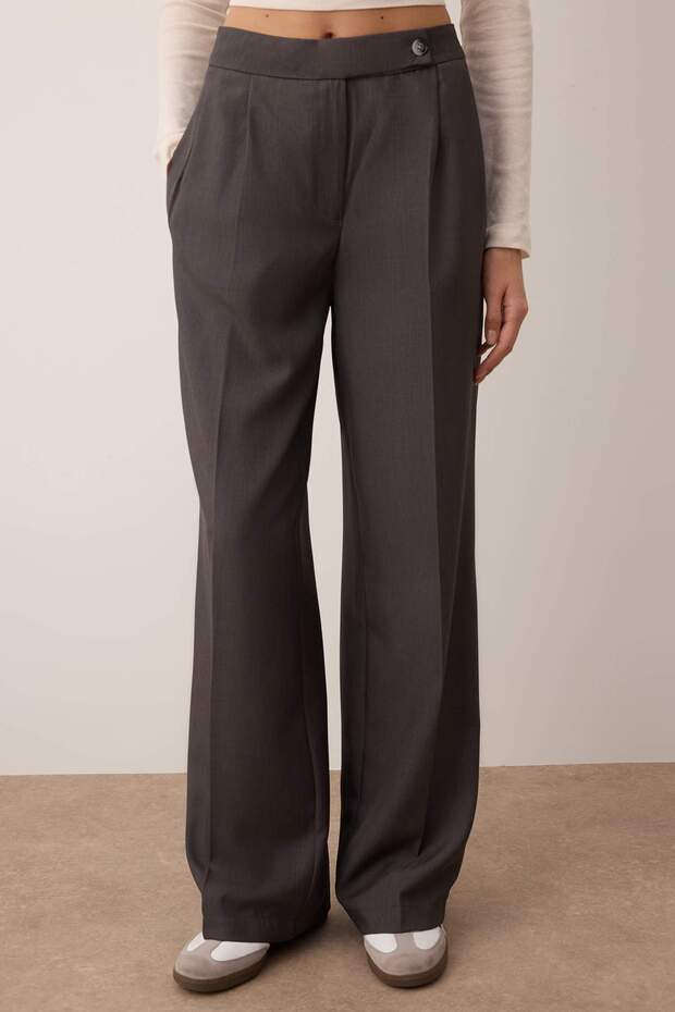 Gri Wide Leg/Geniş Paça Yüksek Bel Dokuma Pantolon TWOAW26PL00036 - 3