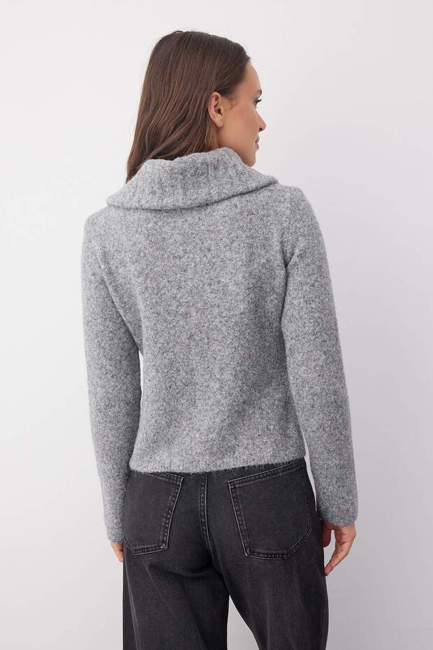 Wardrobe Essentials Koyu Gri Yün Karışımlı Sakal/Tüylü İplik Fermuarlı Triko Hırka | TWOAW26HI00149 - 4