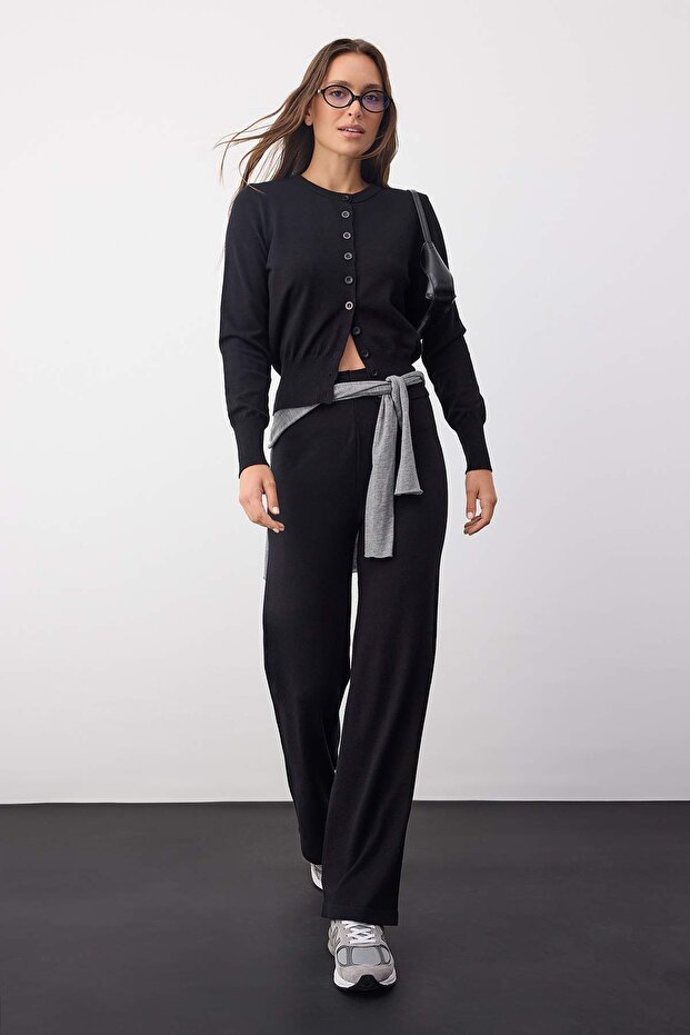 Wardrobe Essentials Siyah Merserize Görünümlü Triko Hırka-Pantolon Alt-Üst Takım | TWOAW26AU00003 - 1