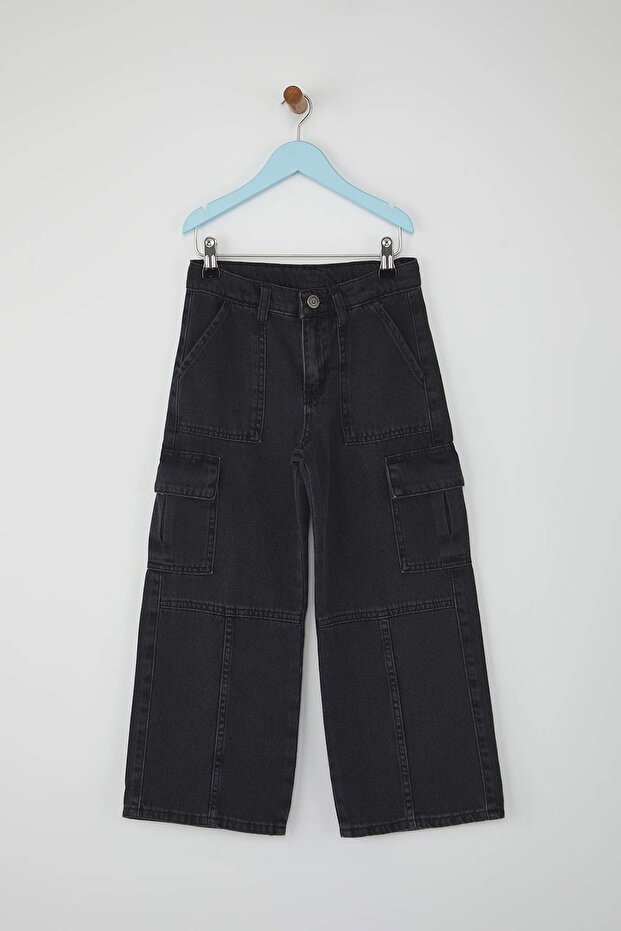 Siyah 100% Pamuk Kargo Cep Flare Ayarlanabilir Lastikli Kız Çocuk Denim Jeans TKDAW26JE00004 - 2