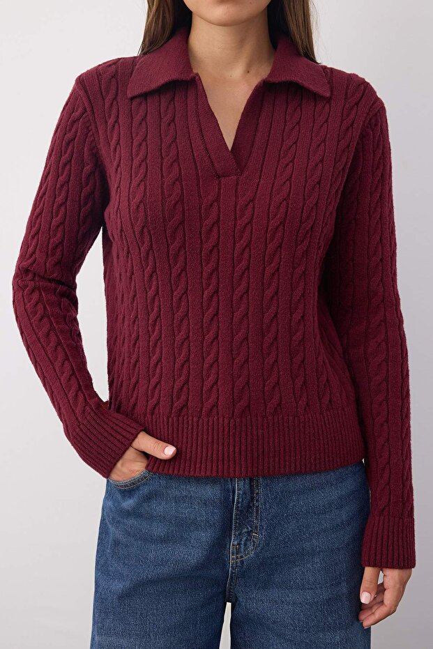 Wardrobe Essentials Bordo Premium İplikSaç Örgülü Triko Kazak | TWOAW26KZ00132 - 3