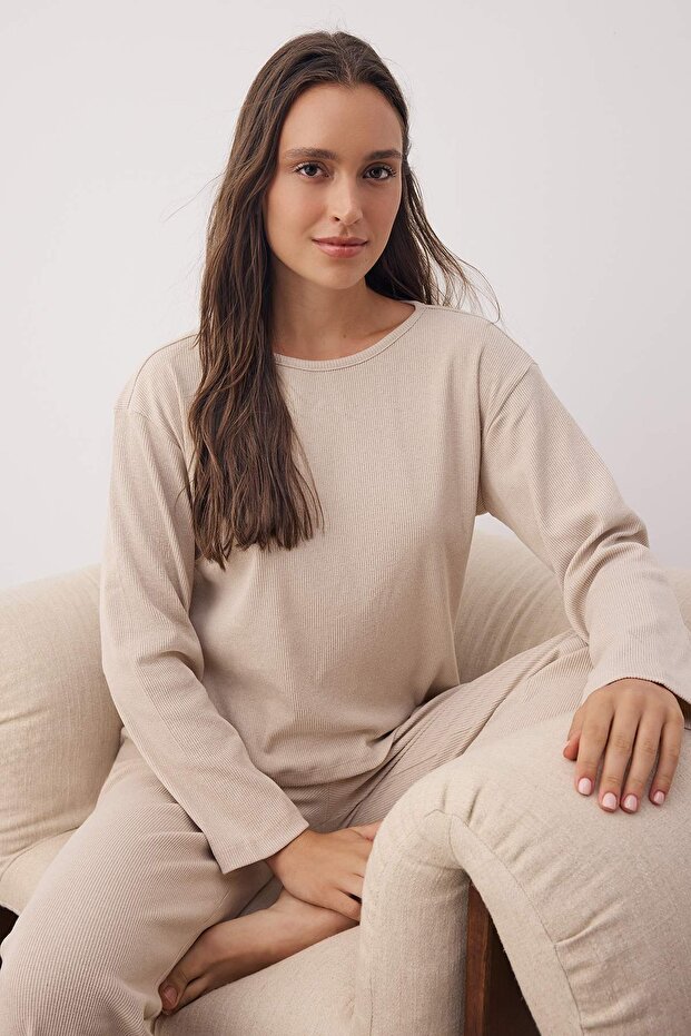 Bej Fitilli Örme Pijama Takımı THMAW21PT0684 - 1