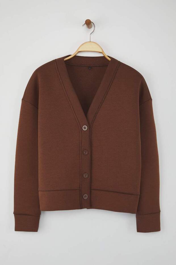 Kahverengi Oversize/Geniş Kalıp V yaka Full Düğme Kapama Kalın Esnek Örme Sweatshirt TWOAW26SW00013 - 5