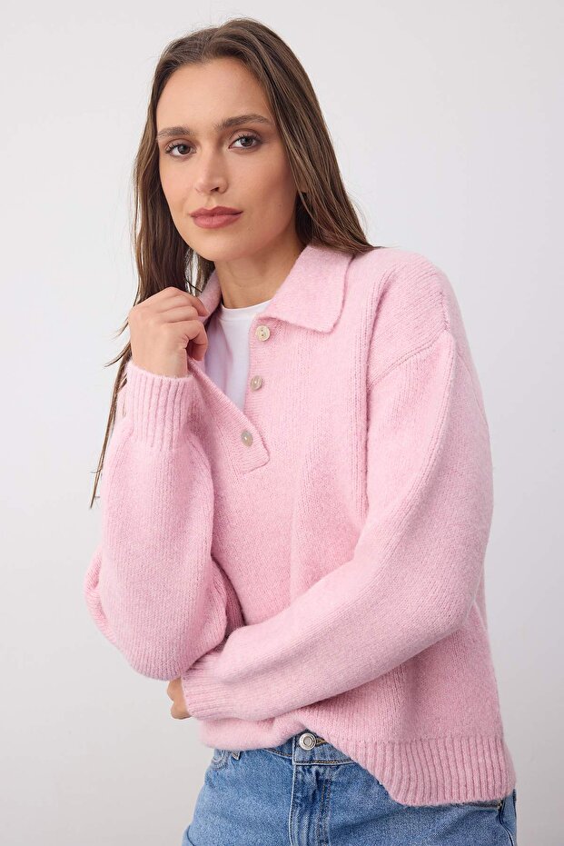 Wardrobe Essentials Pembe Basic Geniş Kalıp Özel İplikli Triko Kazak | TWOAW26KZ00072 - 1