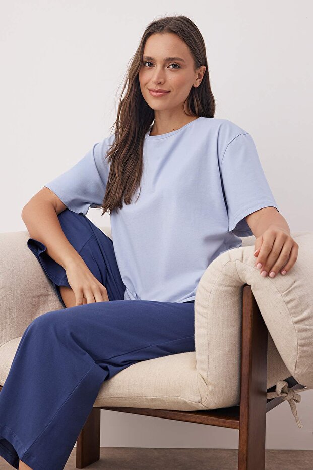 Mavi %100 Pamuklu Kapri Örme Pijama Takımı THMAW26PT00124 - 1