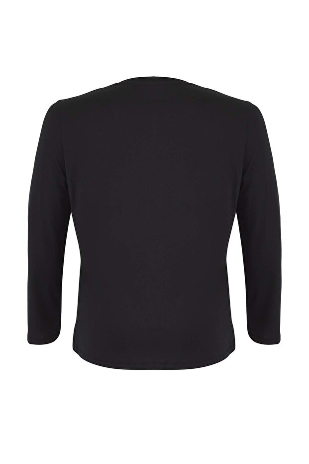 Siyah %100 Pamuk Uzun Kollu Bisiklet Yaka Regular Basic Örme Büyük Beden T-Shirt TBBAW26BF00000 - 7