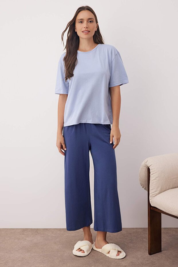 Mavi %100 Pamuklu Kapri Örme Pijama Takımı THMAW26PT00124 - 2