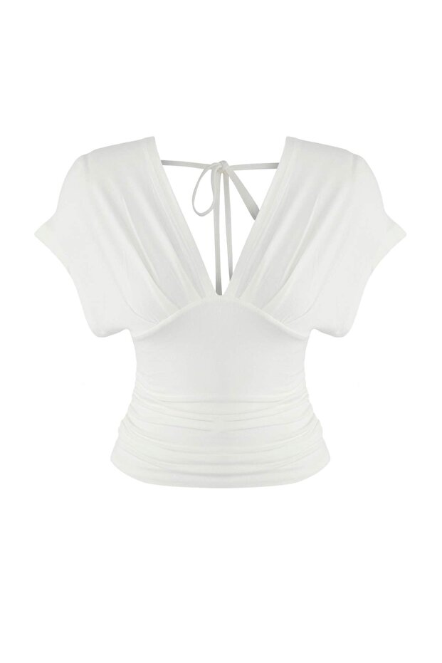Ekru Fitted/Vücuda Oturan Büzgü/Drape Detaylı Örme Bluz TWOSS25BZ00605 - 7