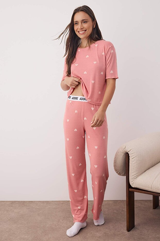 Pembe Kalpli Slogan Lastik Detaylı Fitilli Örme Pijama Takımı THMSS24PT00404 - 2