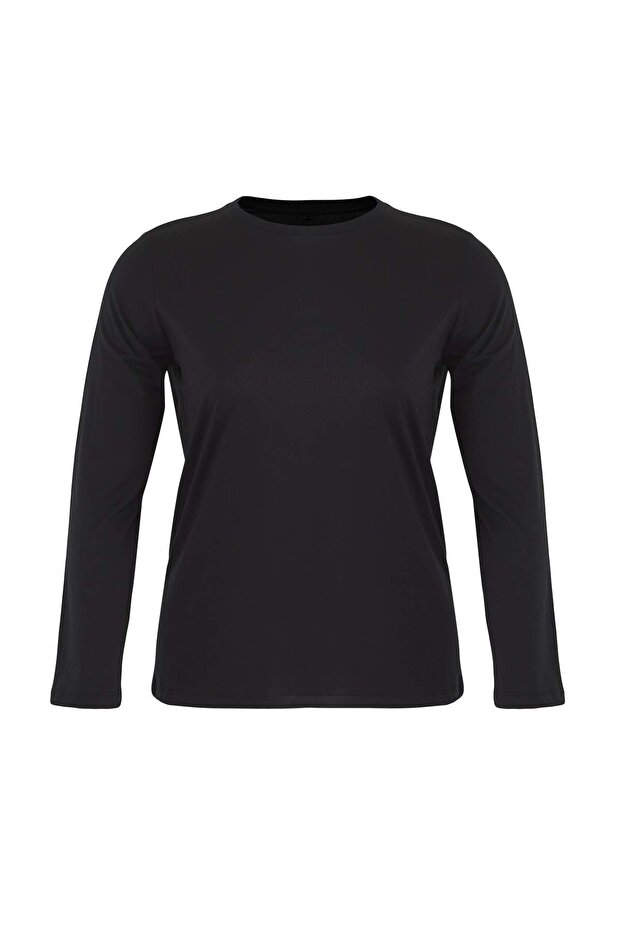 Siyah %100 Pamuk Uzun Kollu Bisiklet Yaka Regular Basic Örme Büyük Beden T-Shirt TBBAW26BF00000 - 5