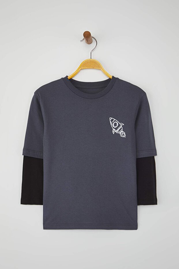 Antrasit 100% Pamuk Baskılı Regular Fit Örme Erkek Çocuk T-Shirt TKDAW26TS00012 - 2