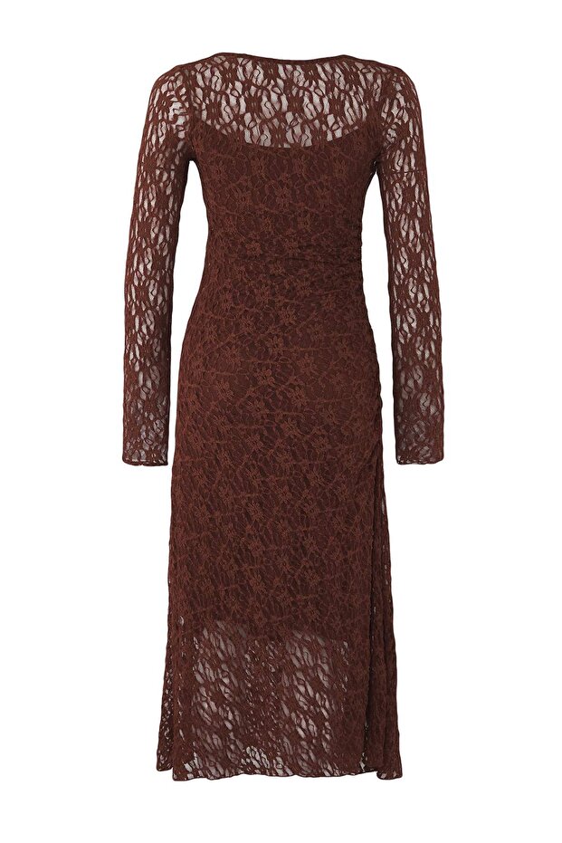 Kahverengi Dantel Bodycon Midi Sırt Dekolteli Astarlı Esnek Örme Elbise TWOAW26EL00016 - 6