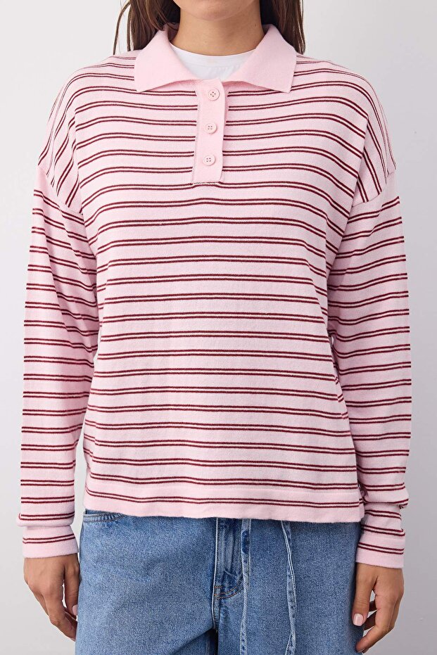 Wardrobe Essentials Pembe Premium İplik/Özel İplikli Geniş Kalıp Çizgili Triko Kazak TWOAW26KZ00195 - 3