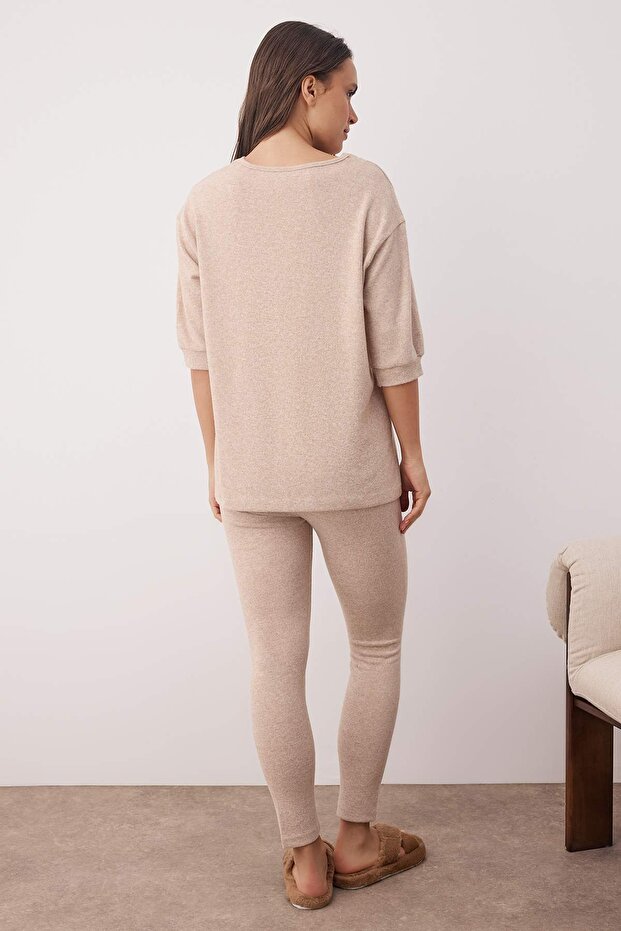 Bej Yumoş V Yaka Taytlı Sıcak Tutan Örme Pijama Takımı THMAW26PT00036 - 4