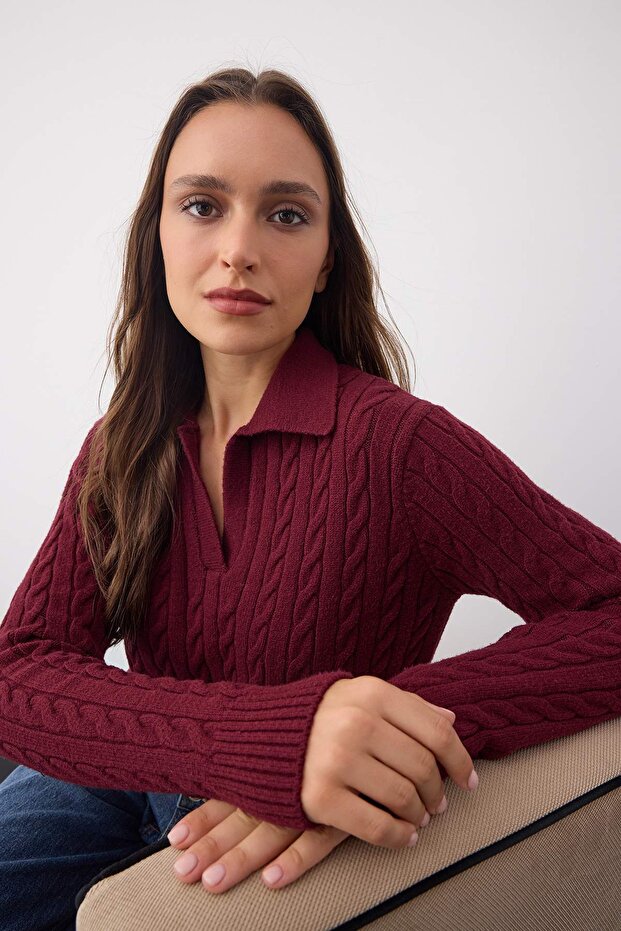 Trendyolmilla  Wardrobe Essentials Bordo Premium İplikSaç Örgülü Triko Kazak | TWOAW26KZ00132 - Görsel 2