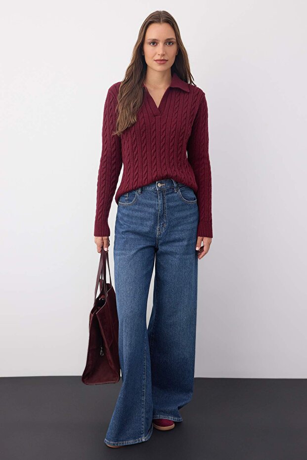 Trendyolmilla  Wardrobe Essentials Bordo Premium İplikSaç Örgülü Triko Kazak | TWOAW26KZ00132 - Görsel 3