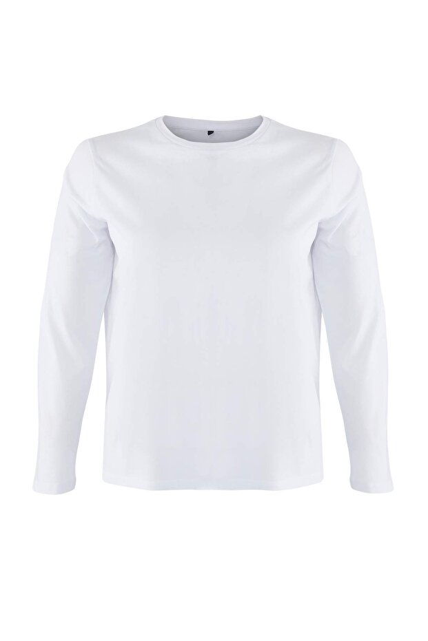 Beyaz %100 Pamuk Uzun Kollu Bisiklet Yaka Regular Basic Örme Büyük Beden T-Shirt TBBAW26BF00000 - 5