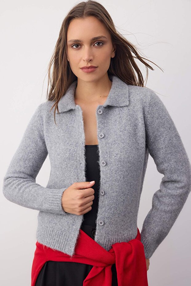 Wardrobe Essentials Gri Merserize Görünümlü Polo Yaka Triko Hırka | TWOAW26HI00104