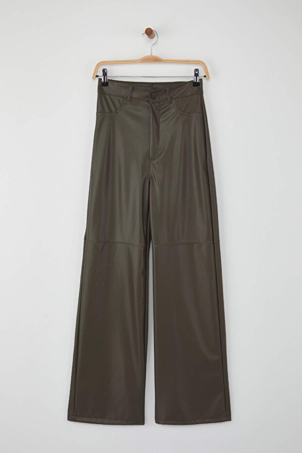 Haki Relaxed/Rahat Straight/Boru Paça Dikiş Detaylı Örme Deri Pantolon TWOAW25PL00068 - 6