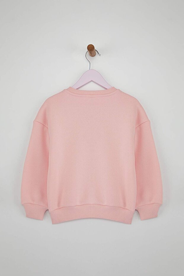 Pudra Pamuklu Fiyonklu Kalın/İçi Polarlı Oversize Örme Kız Çocuk Sweatshirt TKDAW26SW00026 - 4