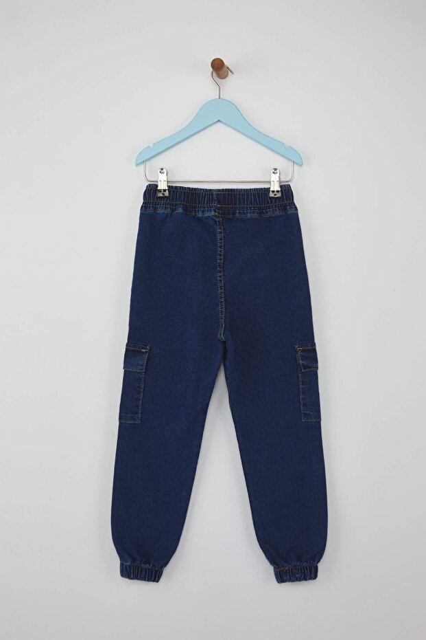 Koyu Mavi Pamuklu Erkek Çocuk Beli Lastikli Düz Denim Jeans TKDAW26JE00000 - 4