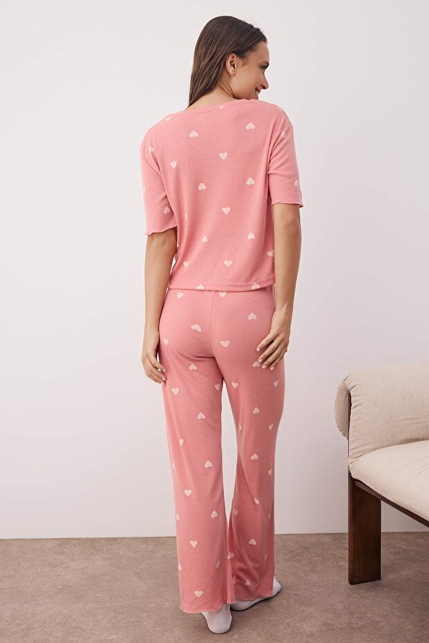 Pembe Kalpli Slogan Lastik Detaylı Fitilli Örme Pijama Takımı THMSS24PT00404 - 4