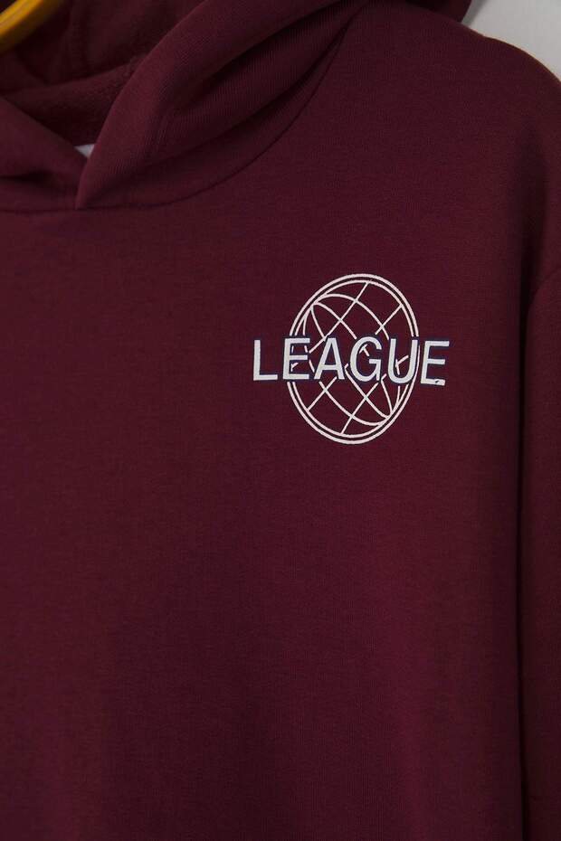Bordo Pamuklu Slogan Baskılı Kapüşonlu Oversize Örme Unisex Çocuk Sweatshirt TKDAW26SW00010 - 3