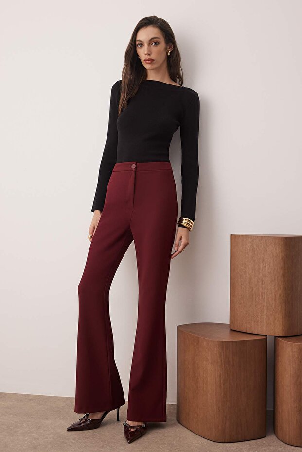 Bordo Flare İspanyol Paça Bootcut Dokuma Pantolon TOFAW19BB0581 - 2