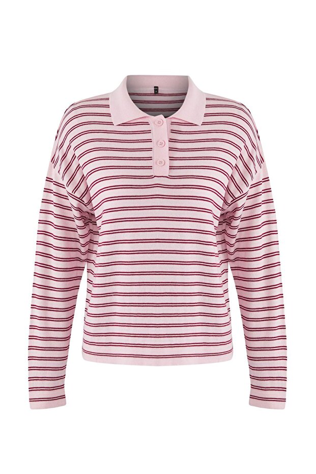 Wardrobe Essentials Pembe Premium İplik/Özel İplikli Geniş Kalıp Çizgili Triko Kazak TWOAW26KZ00195 - 5