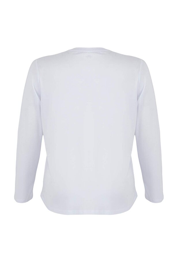 Beyaz %100 Pamuk Uzun Kollu Bisiklet Yaka Regular Basic Örme Büyük Beden T-Shirt TBBAW26BF00000 - 7