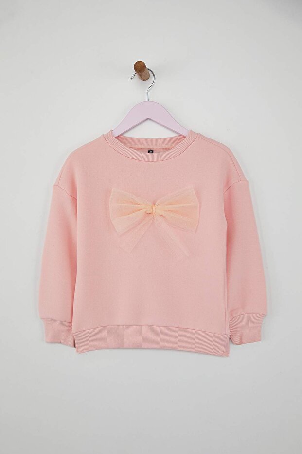 Pudra Pamuklu Fiyonklu Kalın/İçi Polarlı Oversize Örme Kız Çocuk Sweatshirt TKDAW26SW00026 - 2