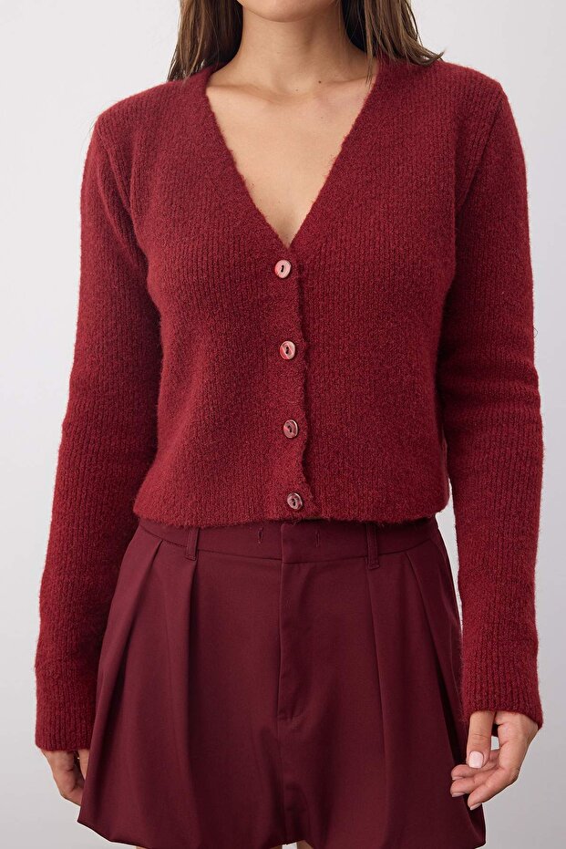 Wardrobe Essentials Bordo Crop Düğme Detaylı Yumuşak Dokulu Yünlü Triko Hırka | TWOAW26HI00013 - 3