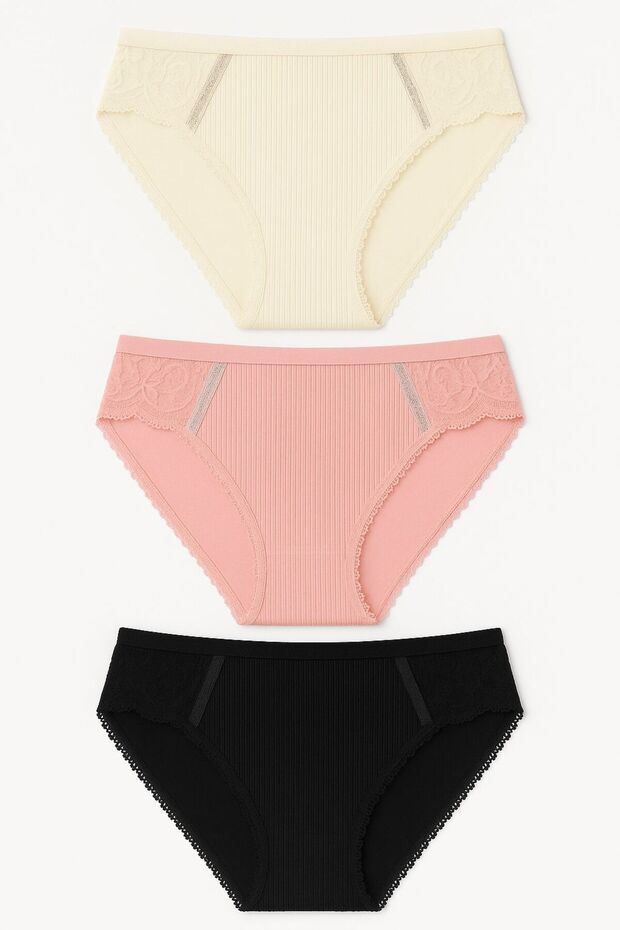 Front Back Ribbed Lace Trim Bikini Set of 3